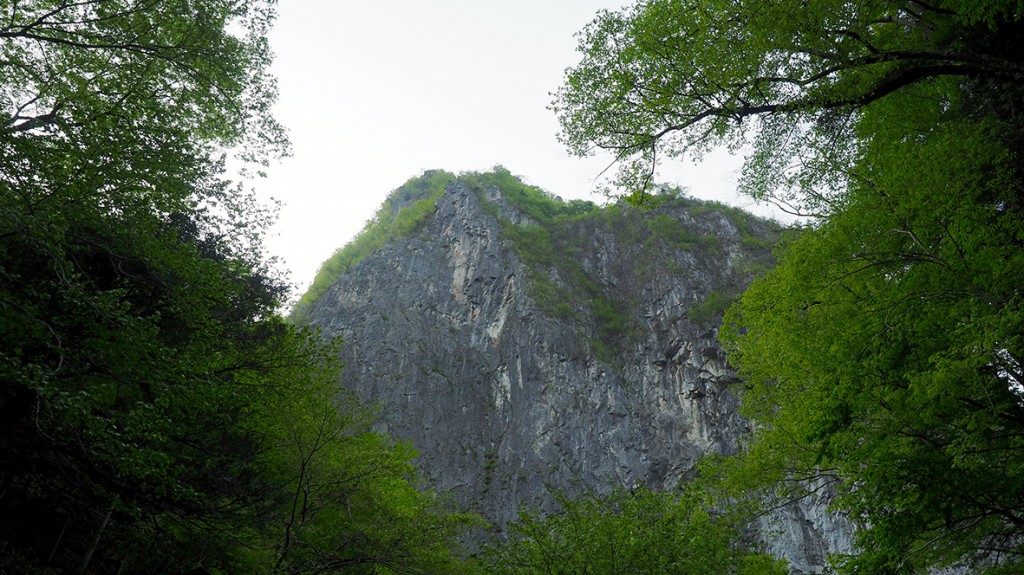 鍾乳洞の入口から目線を上に上げるとそびえ立つ岩壁。こちら側から一石山へ向かうルートがあるようですが、現在は落石のためアプローチする舗装路自体が通行止めになっていました。